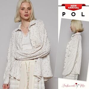 POL Floral Print Textured Button-Up Long Sleeves Pocket Oversized Shirt | White